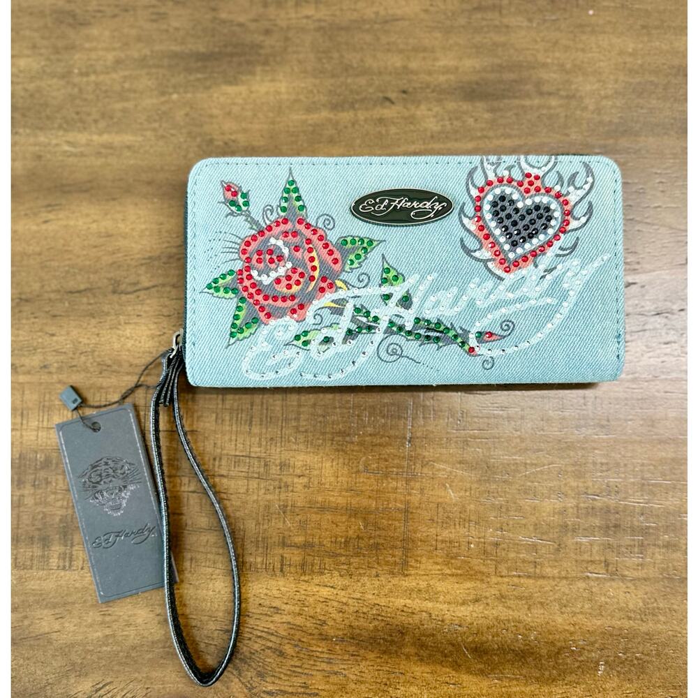 Ed Hardy Denim Zip Wallet NWT Rhinestone Tattoo Rose Heart Wallet Vegan‎ Leather